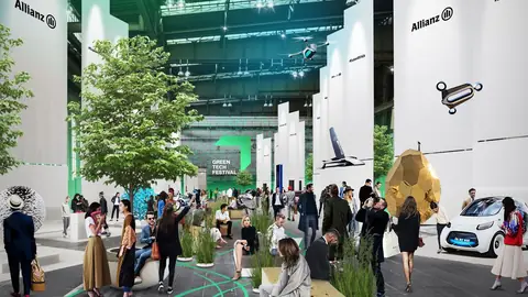 Exhibition stands and planted trees inside the Tempelhof hangar, GREENTECH FESTIVAL 2019